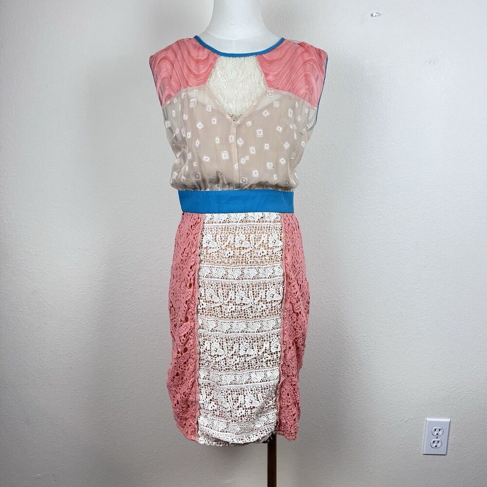 Champagne Strawberry Anthro Dress Womens Six Ephemere Sheath Lace Mesh Cottage
